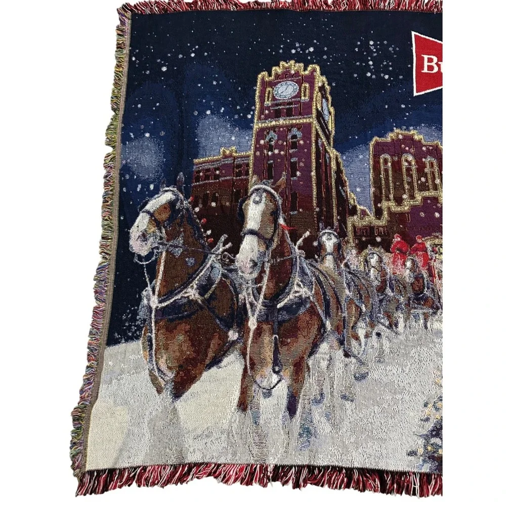 Budweiser Clydesdale Winter Brewery Woven Tapestry Throw Blanket 100% Cotton